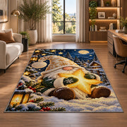 gnome hugging a golden star rug in a living room with a desk and large windows