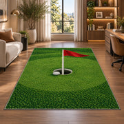 Golf hole and flag rug in a living room with a desk and large windows