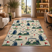 Golf icons pattern rug in a living room with a desk and large windows