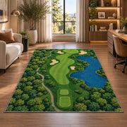 Golf course map rug in a living room with a desk and large windows