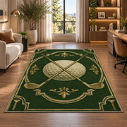 Crossed clubs emblem rug in a living room with a desk and large windows