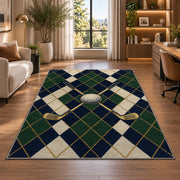 Golf argyle rug in a living room with a desk and large windows