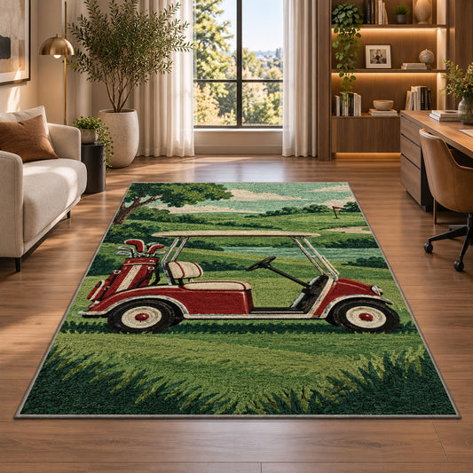 Retro golf cart rug in a living room with a desk and large windows
