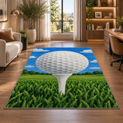 Golf ball on tee rug in a living room with a desk and large windows