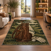 Leather golf bag rug in a living room with a desk and large windows