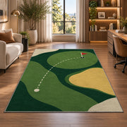 Minimal golf green rug in a living room with a desk and large windows