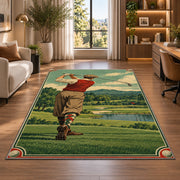 Vintage golfer poster rug in a living room with a desk and large windows