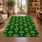 Golf flags pattern rug in a living room with a desk and large windows