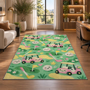 Kids golf rug in a living room with a desk and large windows