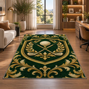Golf club crest rug in a living room with a desk and large windows
