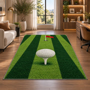 Fairway stripes rug in a living room with a desk and large windows