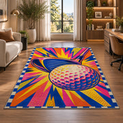 Pop art golf rug in a living room with a desk and large windows