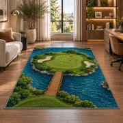 Island green rug in a living room with a desk and large windows