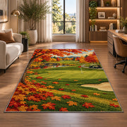 Autumn golf course rug in a living room with a desk and large windows