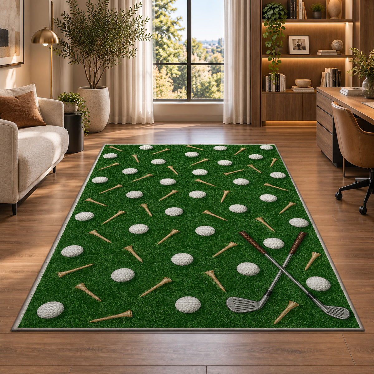 Golf balls and tees rug in a living room with a desk and large windows