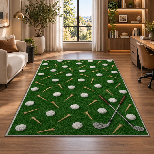 Golf balls and tees rug in a living room with a desk and large windows
