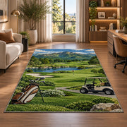Mountain golf course rug in a living room with a desk and large windows