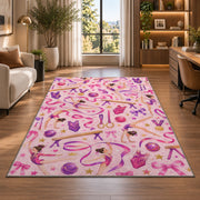 Gymnastics Pattern Rug in a living room with a desk and large windows