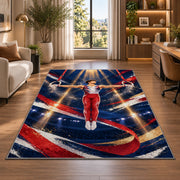 Gymnastics Still Rings Rug in a living room with a desk and large windows