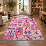 Pink Checkered Gymnastics Rug in a living room with a desk and large windows