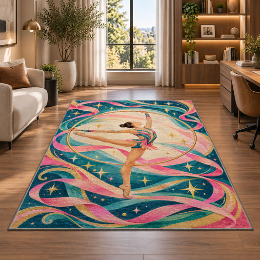 Rhythmic Gymnastics Hoop Rug in a living room with a desk and large windows