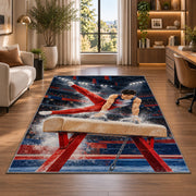 Pommel Horse Gymnastics Rug in a living room with a desk and large windows