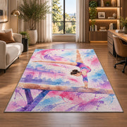 Watercolor Gymnast Rug in a living room with a desk and large windows