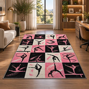 Gymnastics Poses Grid Rug in a living room with a desk and large windows