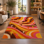 Retro Gymnastics Rug in a living room with a desk and large windows