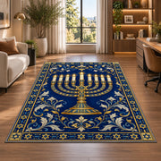 Royal Blue Menorah Rug in a living room with a desk and large windows