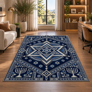 Star of David Medallion Rug in a living room with a desk and large windows