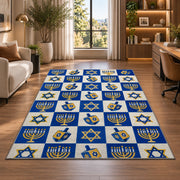 Checkered Hanukkah Rug in a living room with a desk and large windows