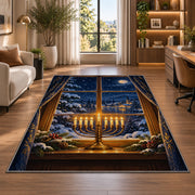 Menorah Window Rug in a living room with a desk and large windows