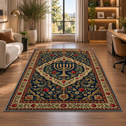 Persian Style Menorah Rug in a living room with a desk and large windows