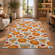 Sufganiyot and Latke Rug in a living room with a desk and large windows