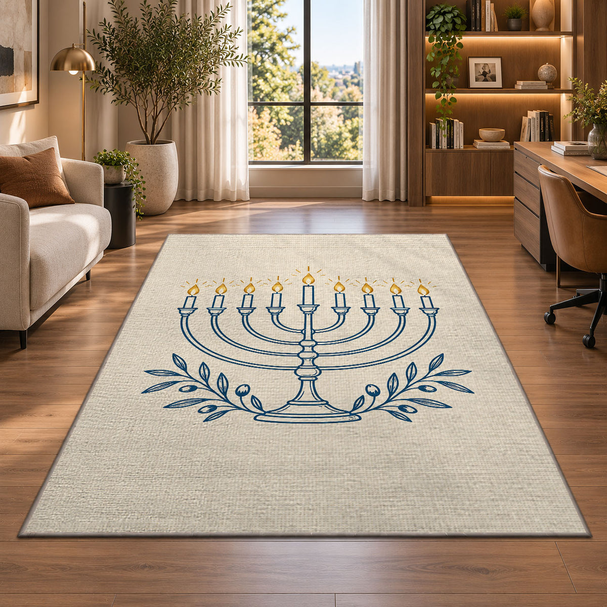 Minimalist Menorah Line Art Rug in a living room with a desk and large windows