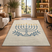 Minimalist Menorah Line Art Rug in a living room with a desk and large windows