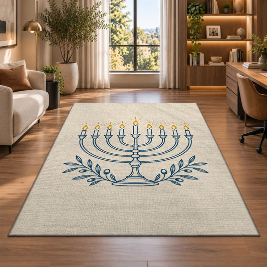 Minimalist Menorah Line Art Rug in a living room with a desk and large windows