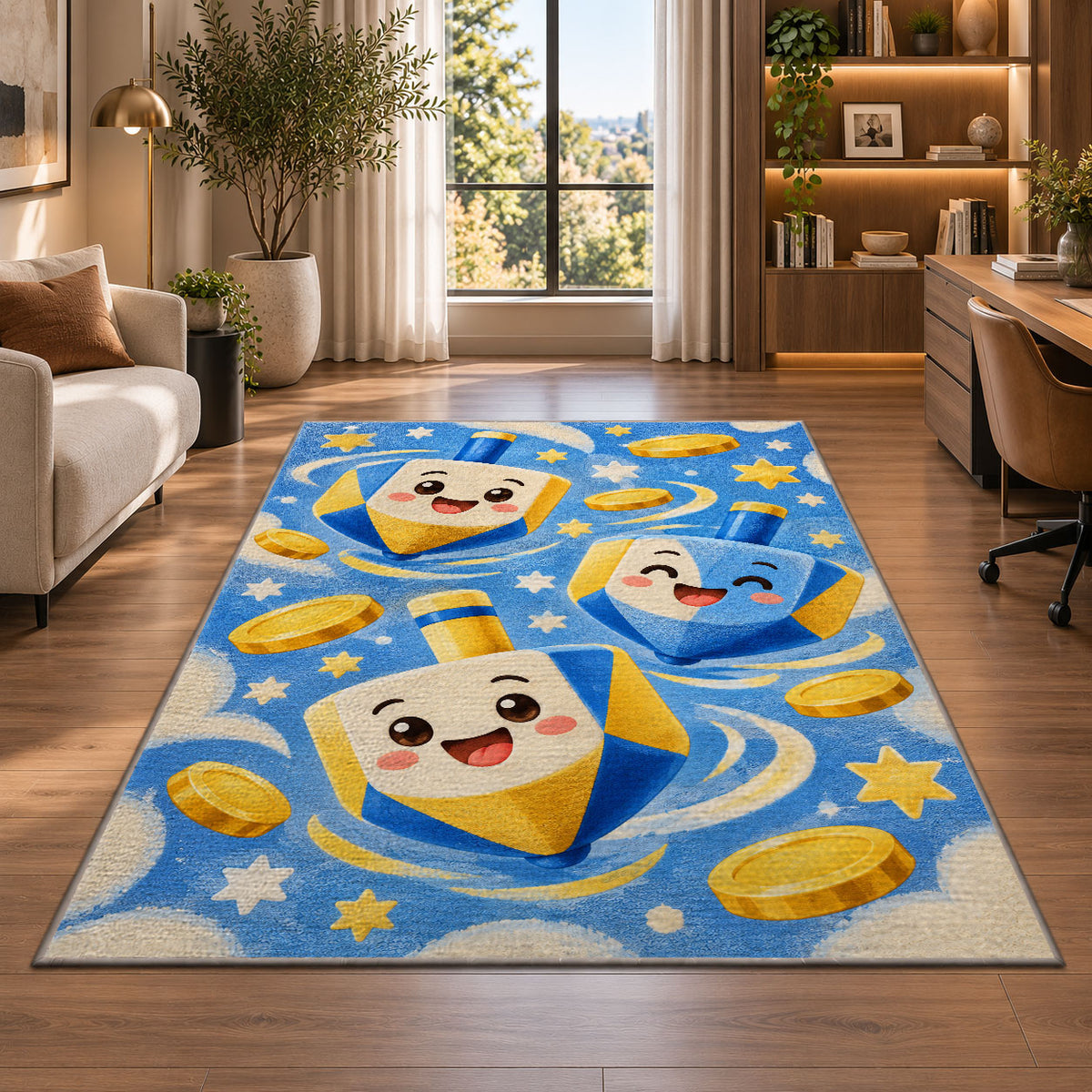 Cute Dreidel Kids Rug in a living room with a desk and large windows