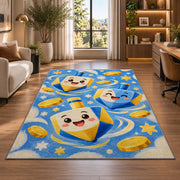 Cute Dreidel Kids Rug in a living room with a desk and large windows