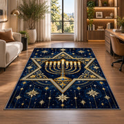 Star of David Menorah Rug in a living room with a desk and large windows