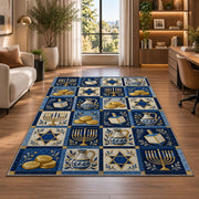 Hanukkah Patchwork Rug in a living room with a desk and large windows