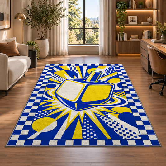 Pop Art Dreidel Rug in a living room with a desk and large windows