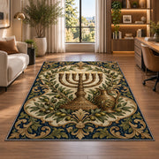 Antique Brass Menorah Rug in a living room with a desk and large windows