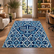 Star of David Lattice Rug in a living room with a desk and large windows