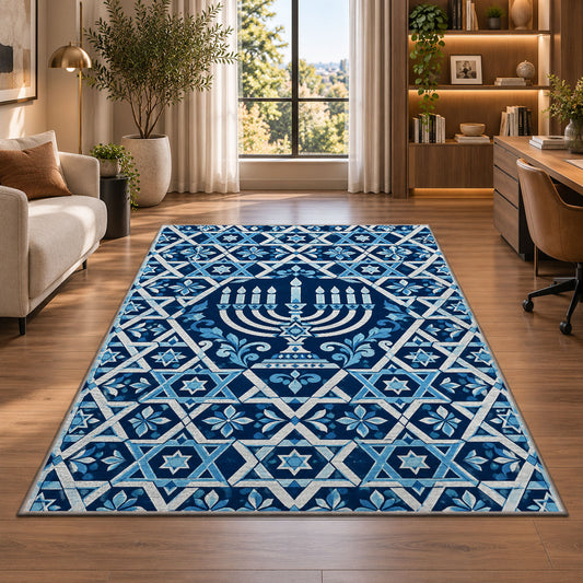 Star of David Lattice Rug in a living room with a desk and large windows