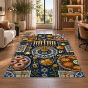 Hanukkah Table Rug in a living room with a desk and large windows