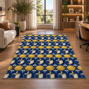 Gold Coin and Dreidel Rug in a living room with a desk and large windows