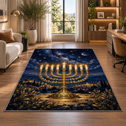 Menorah Starry Night Rug in a living room with a desk and large windows