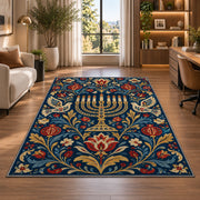 Folk Art Menorah Rug in a living room with a desk and large windows